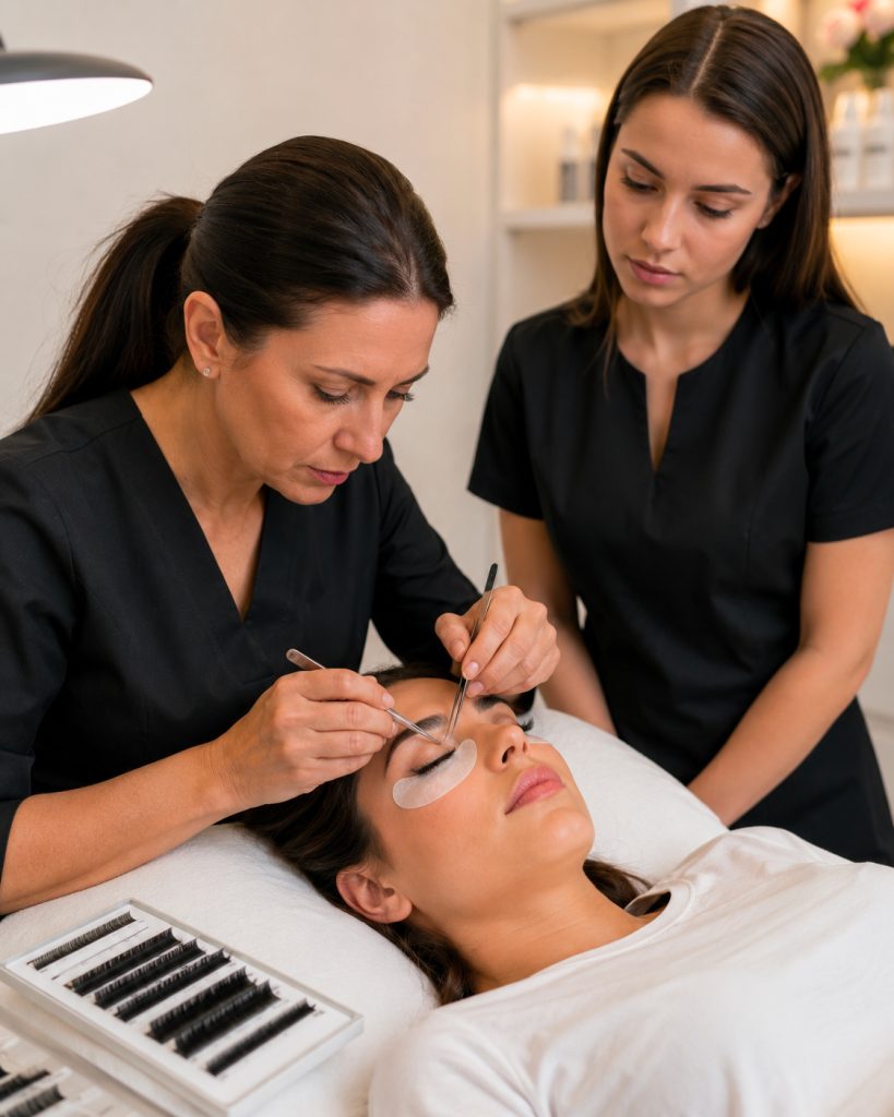 Applicazione professionale di extension ciglia durante un corso pratico con studentessa a Catania