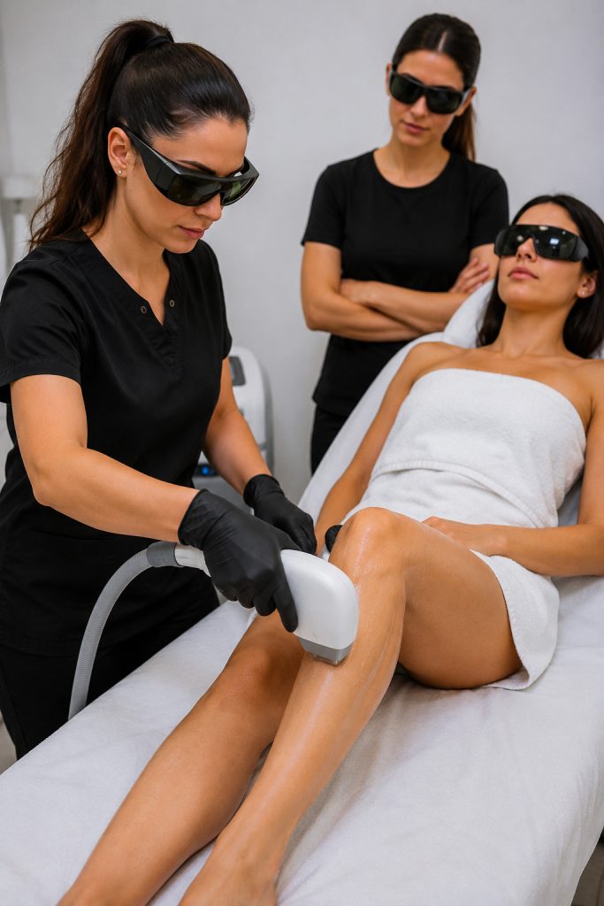 Esercitazione pratica con laser estetico sulla gamba durante un corso professionale a Catania