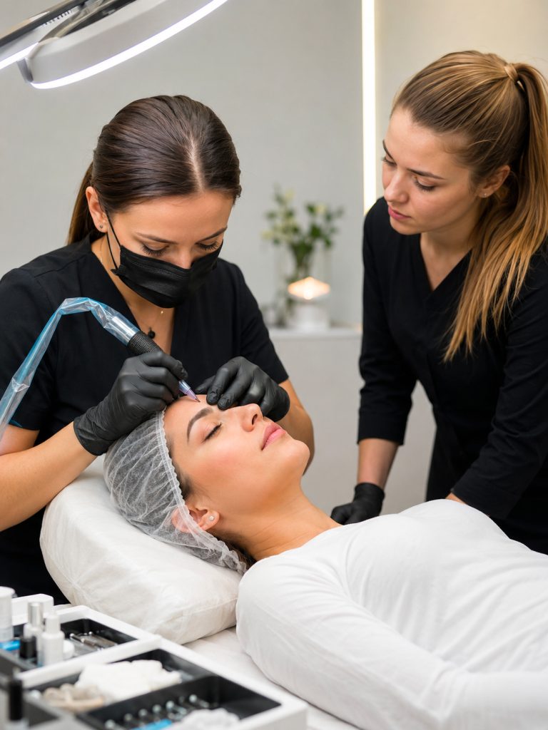Dimostrazione pratica di trucco permanente sopracciglia con studentessa durante un corso PMU a Catania
