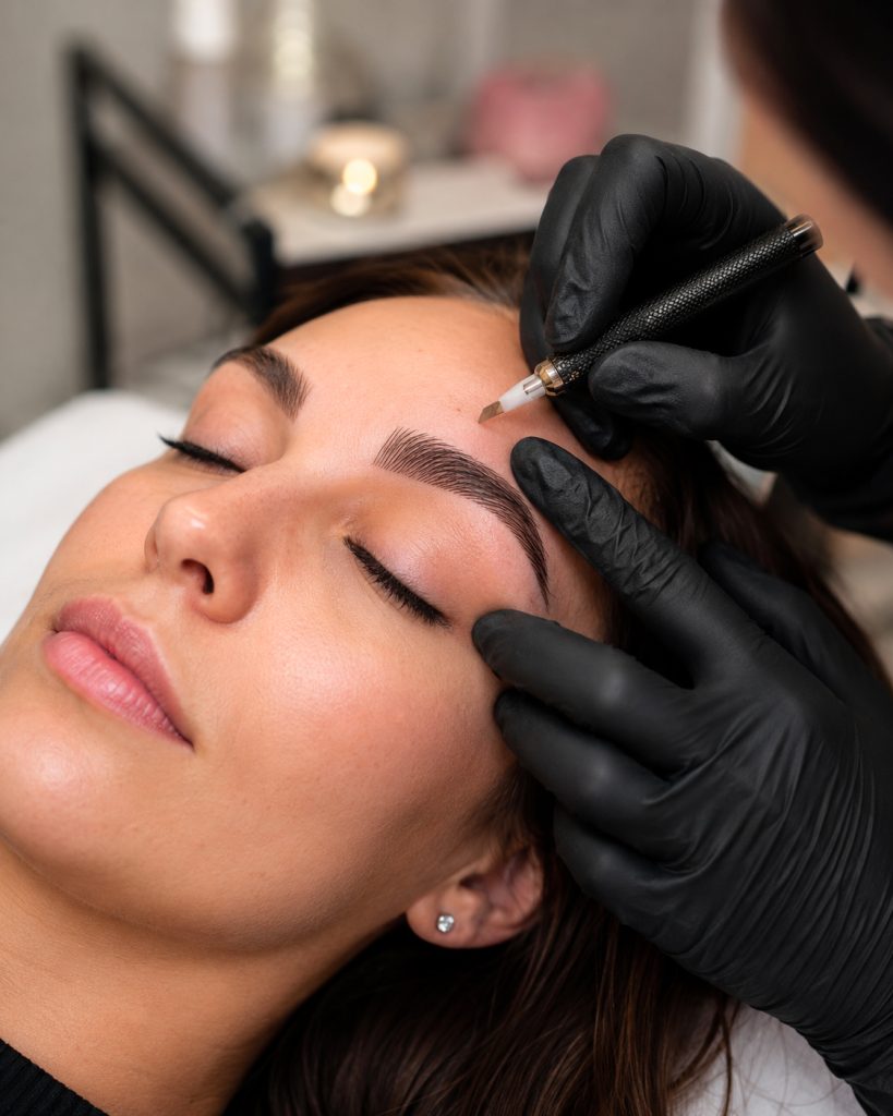 Trattamento professionale di microblading alle sopracciglia eseguito da un’operatrice in istituto estetico a Catania.
