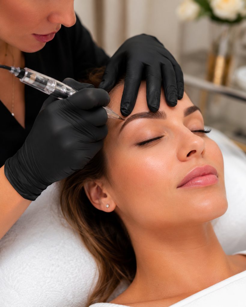 Trattamento professionale di trucco permanente alle sopracciglia eseguito da un’operatrice in istituto estetico a Catania.