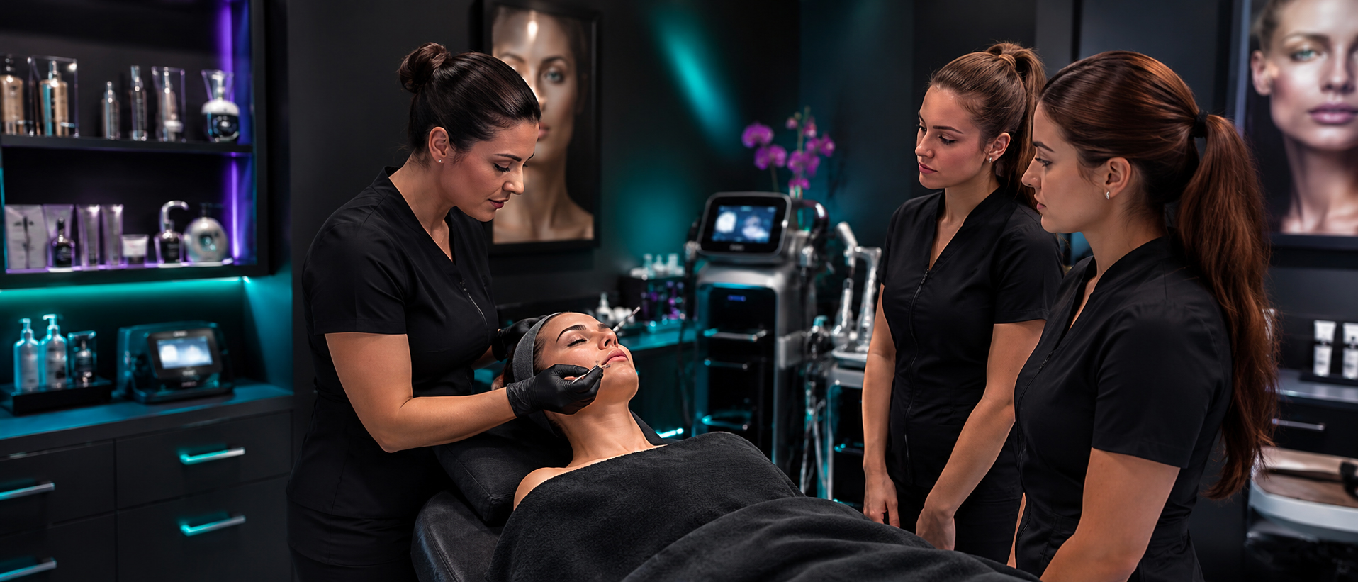 Corsi di estetica avanzata a Catania con formatrice e allieve durante una dimostrazione pratica in beauty academy.