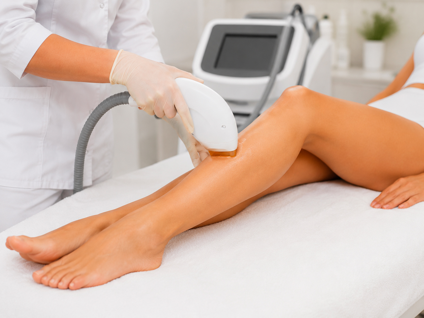 Trattamento di epilazione laser sulle gambe in un centro estetico moderno.