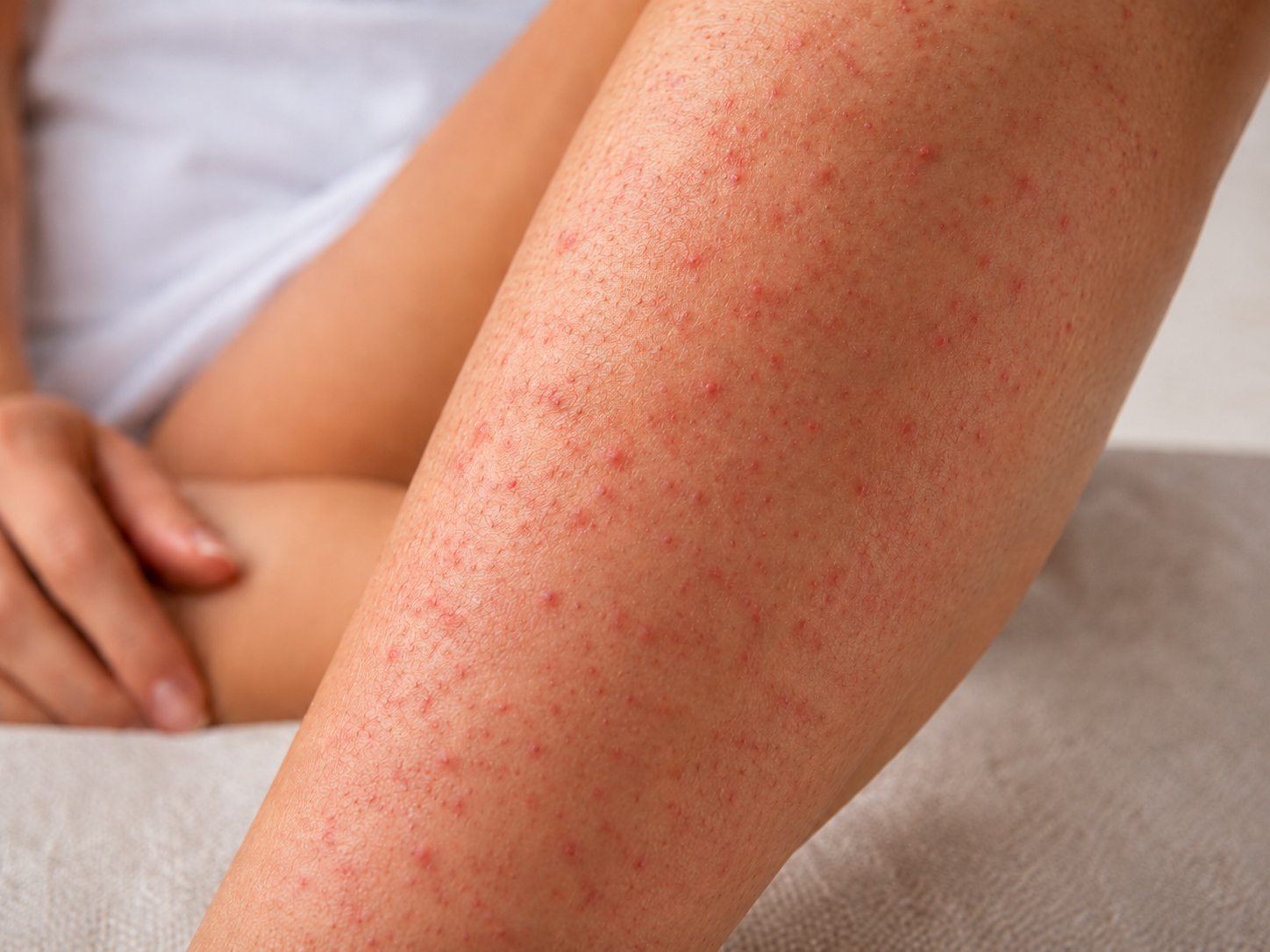 Follicolite sulla gamba con puntini rossi e follicoli infiammati dopo la depilazione