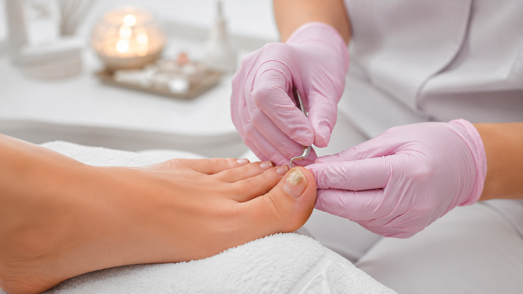 Trattamento professionale di rieducazione ungueale durante una pedicure estetica curativa a Catania.