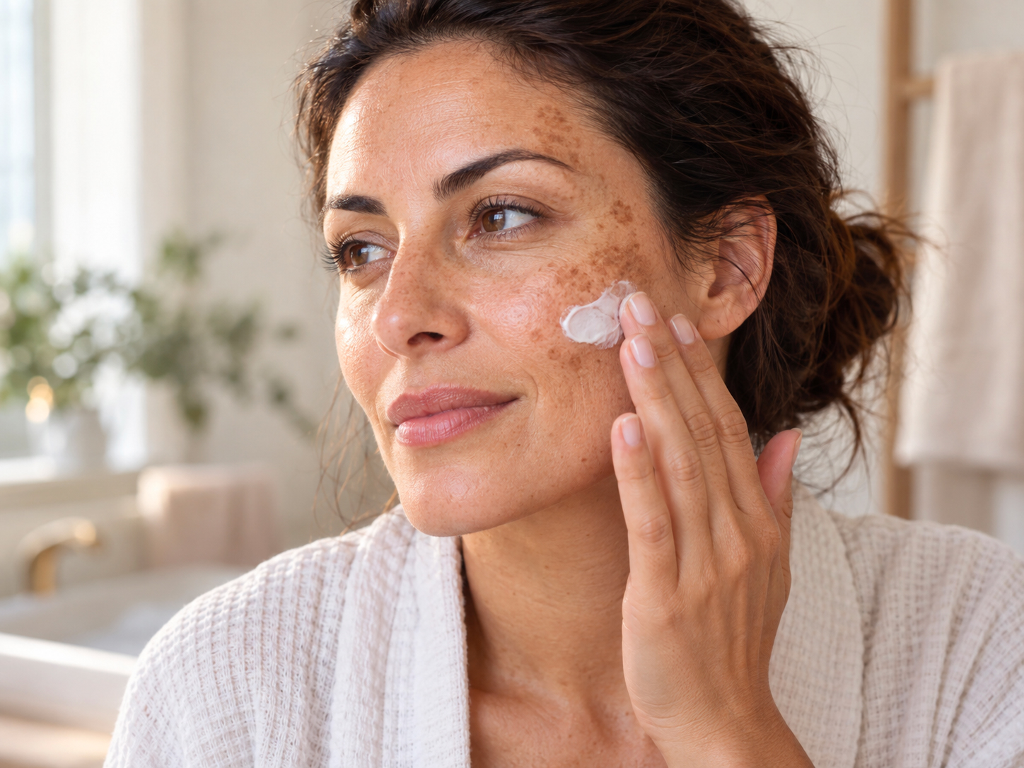 Donna con macchie scure sul viso mentre applica una crema solare sulla guancia.